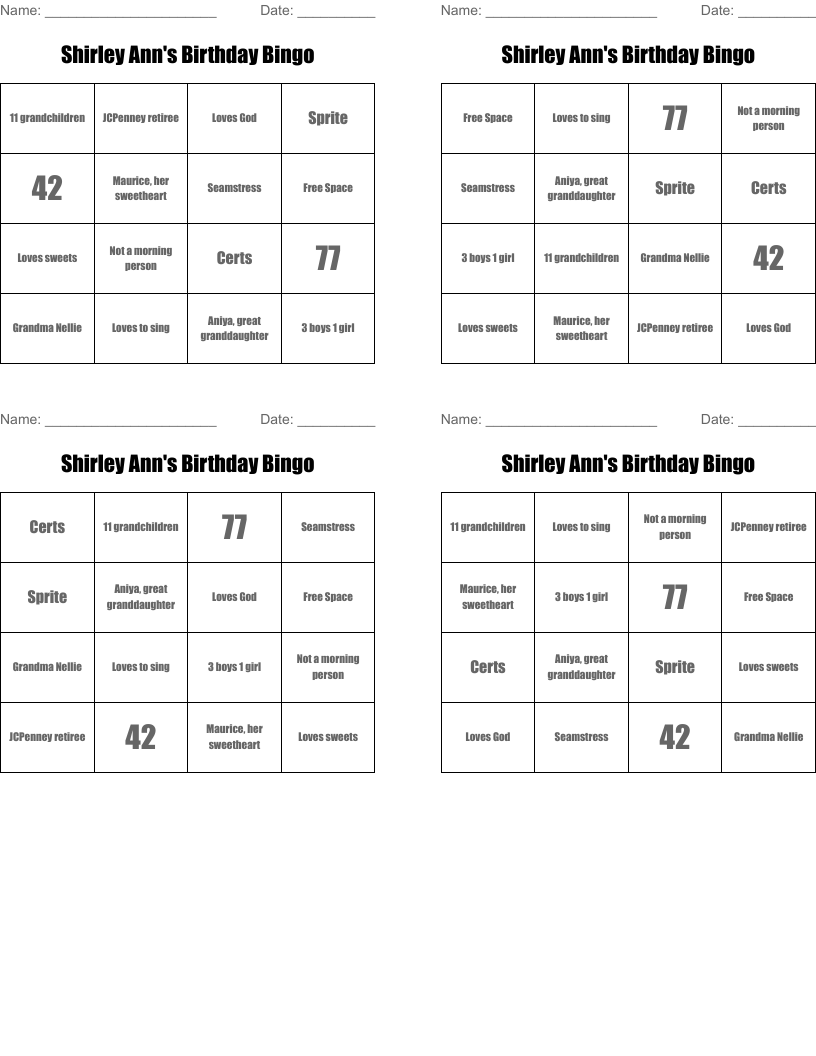 Shirley Ann's Birthday Bingo