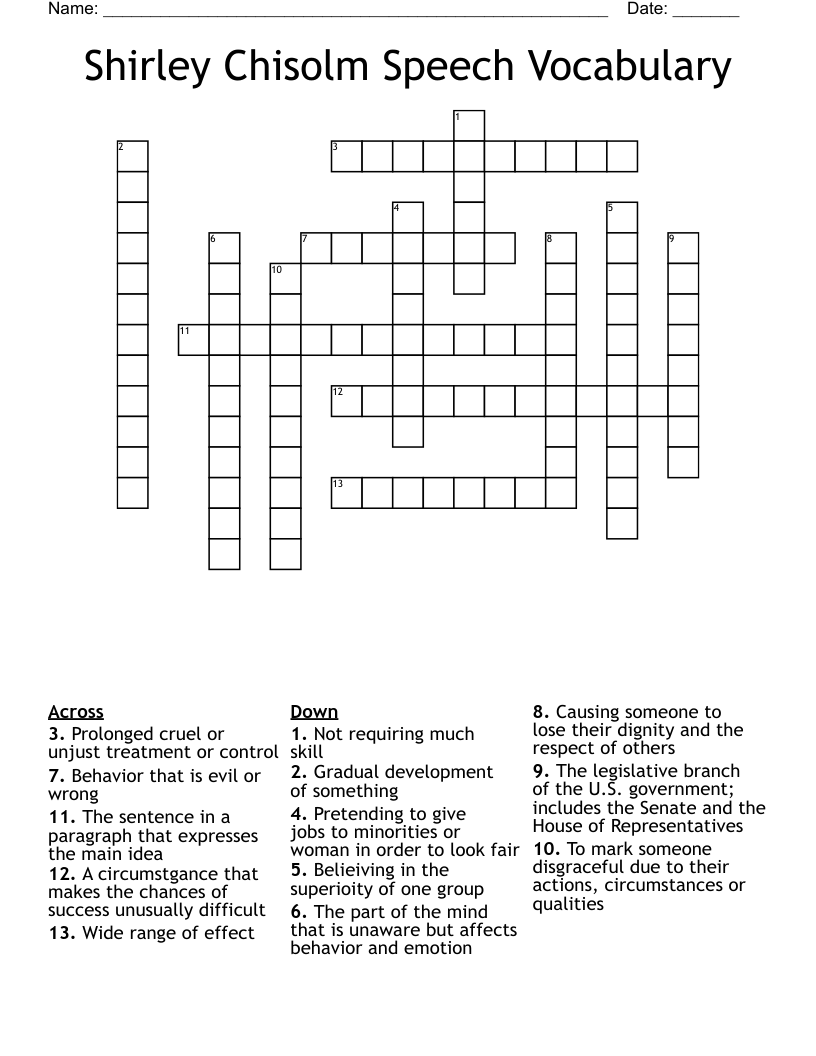 Shirley Chisolm Speech Vocabulary Crossword