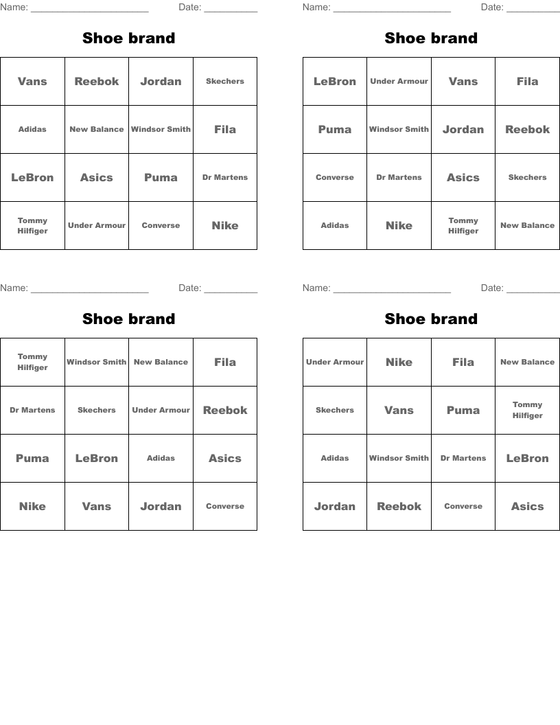 Shoe brand Bingo Cards