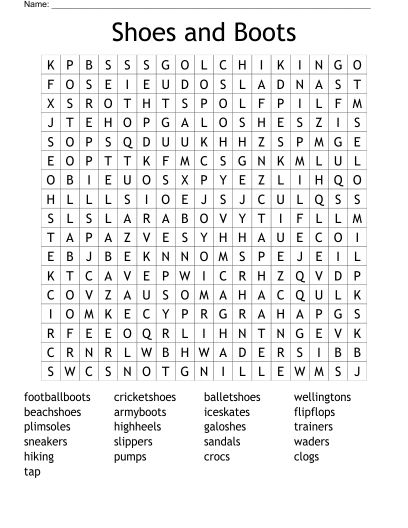 Shoes and Boots Word Search