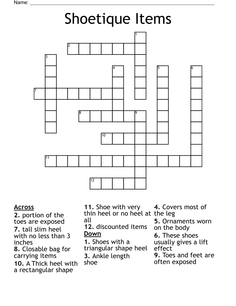 Shoetique Items Crossword