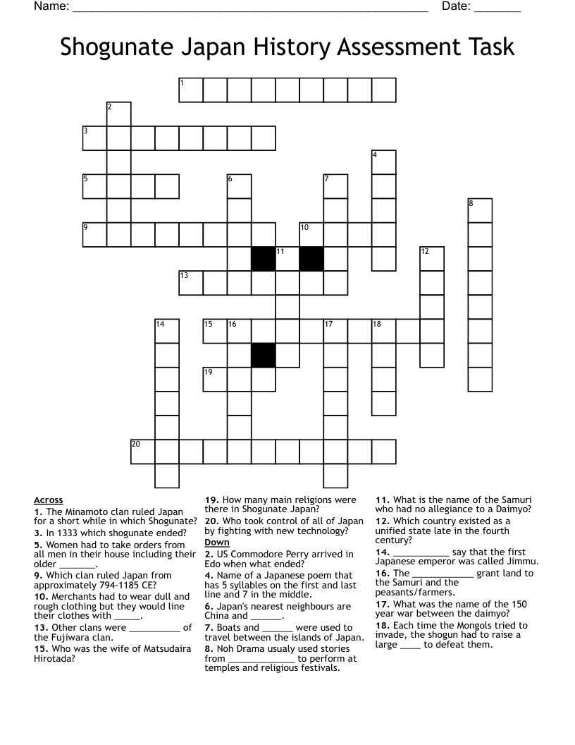 Shogunate Japan History Assessment Task Crossword