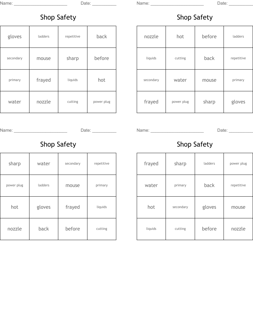 Shop Safety Bingo Cards