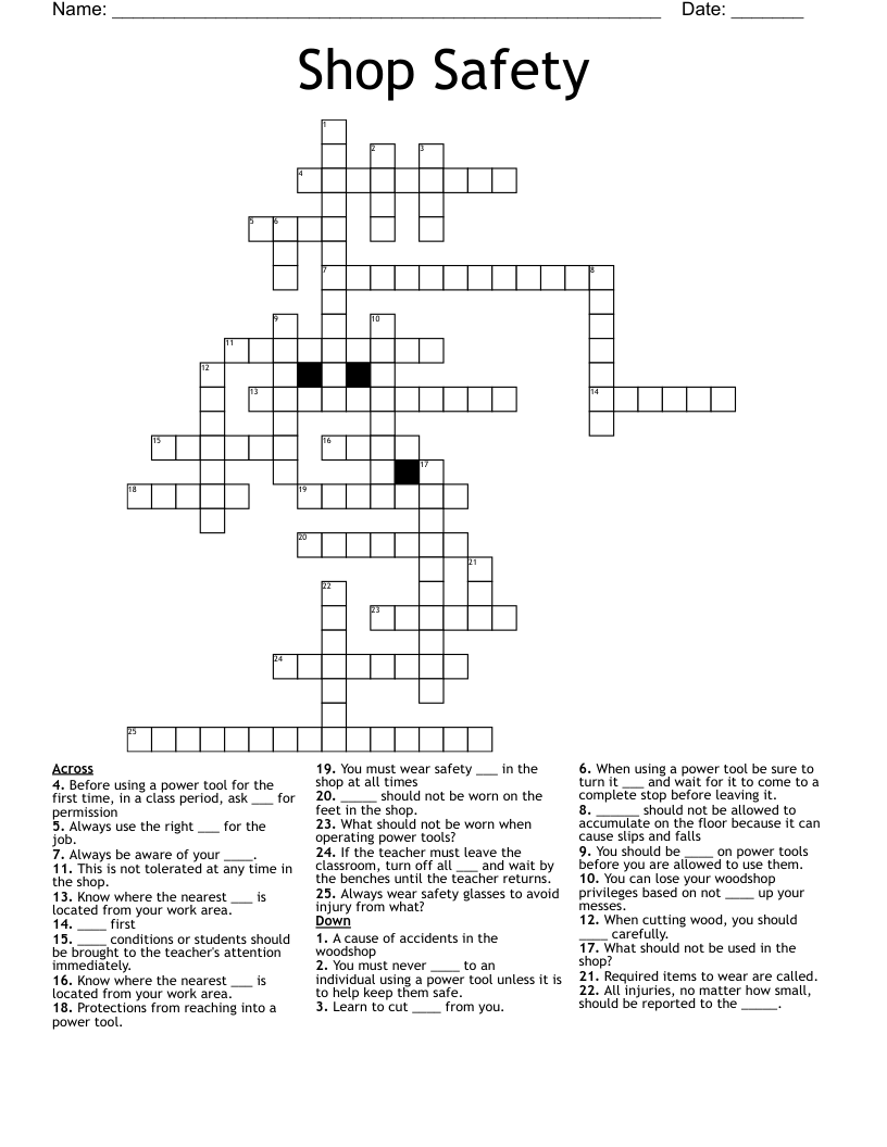 Shop Safety Crossword