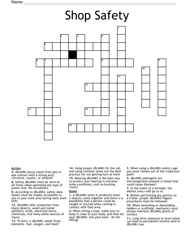 Shop Safety Crossword