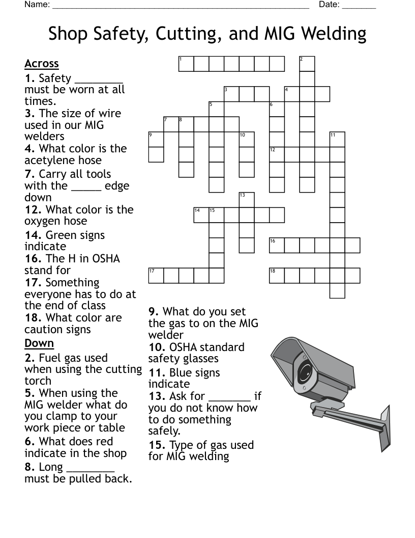 Shop Safety, Cutting, and  MIG Welding  Crossword