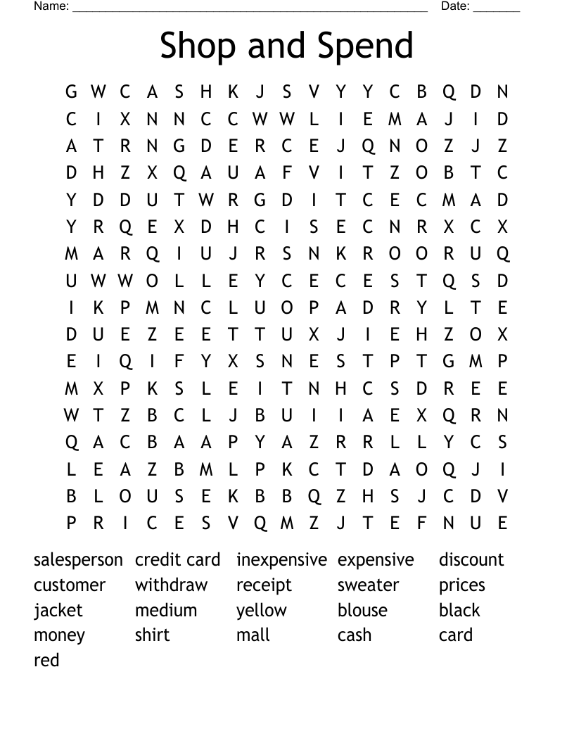 Shop and Spend Word Search