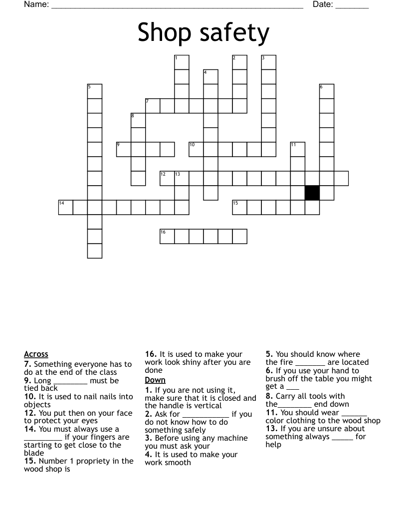 Shop safety Crossword
