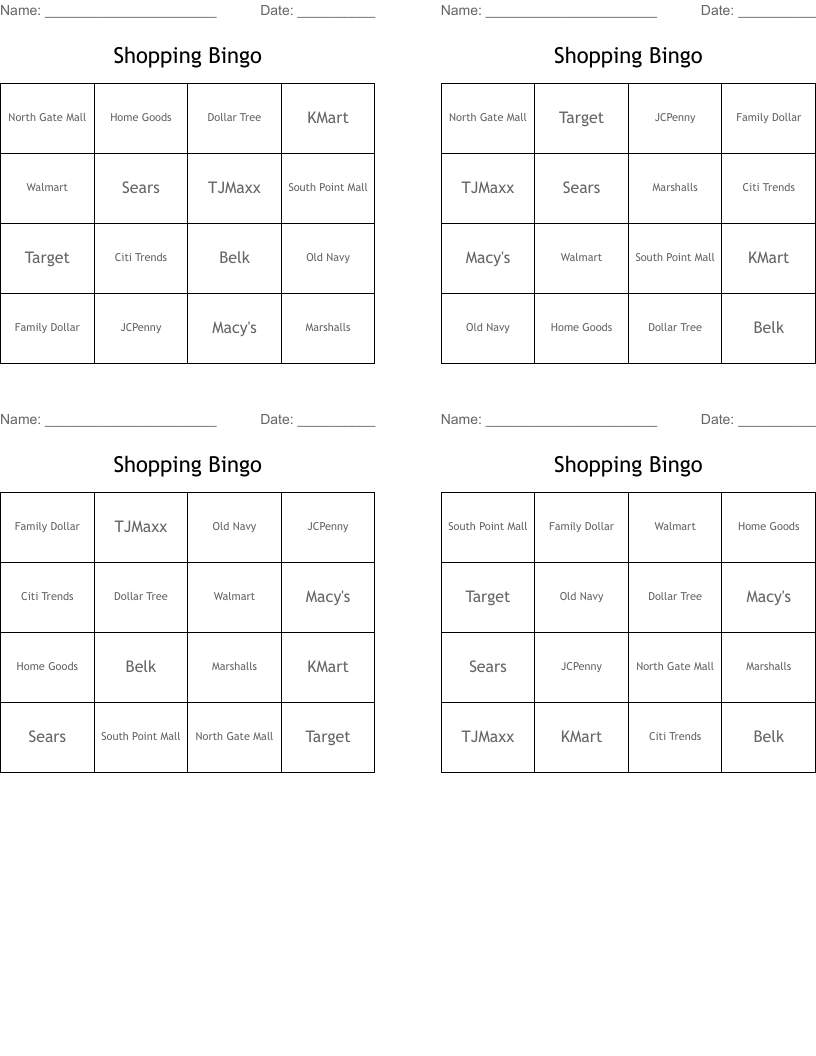 Shopping Bingo