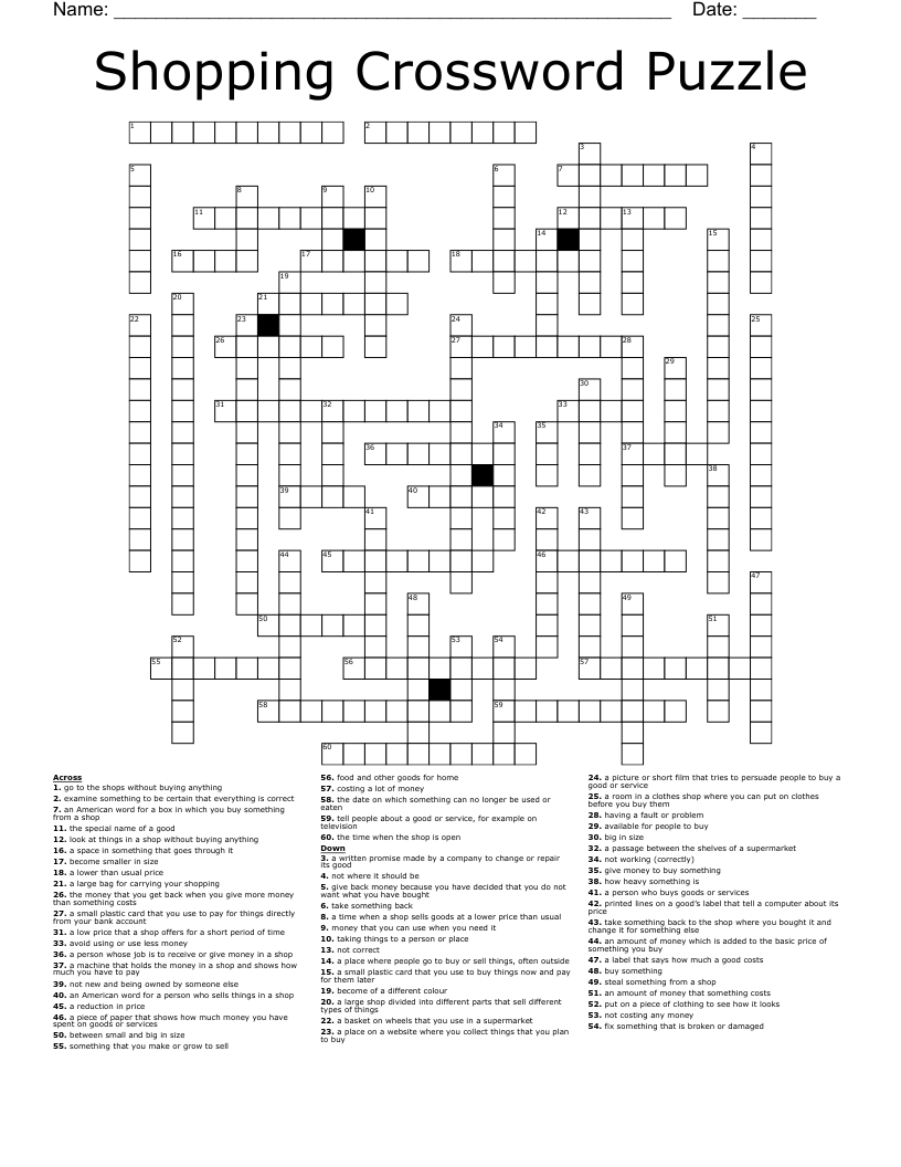 Shopping Crossword Puzzle