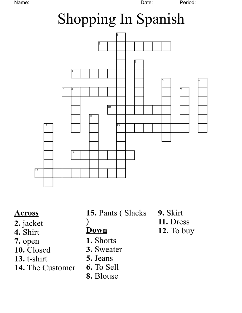 Shopping In Spanish Crossword