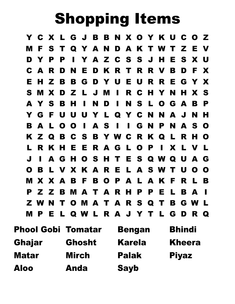 Shopping Items Word Search