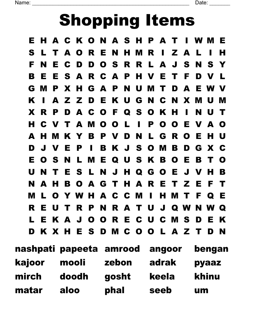 Shopping Items  Word Search