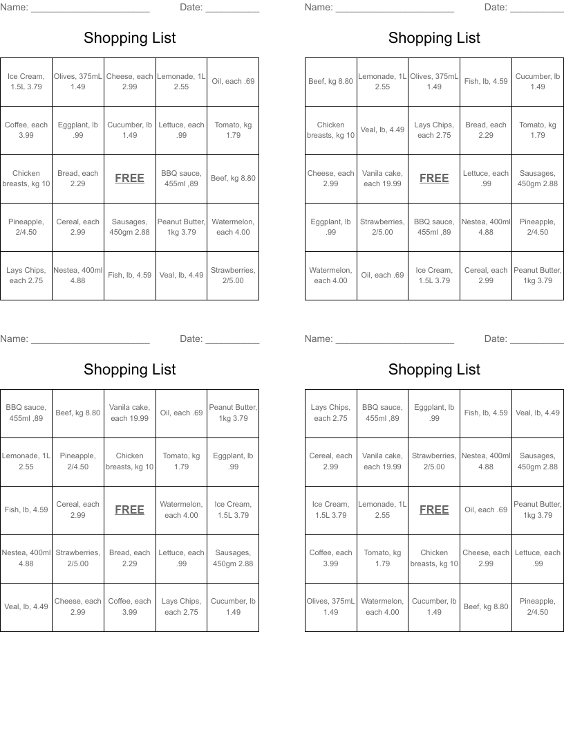 Shopping List Bingo Cards