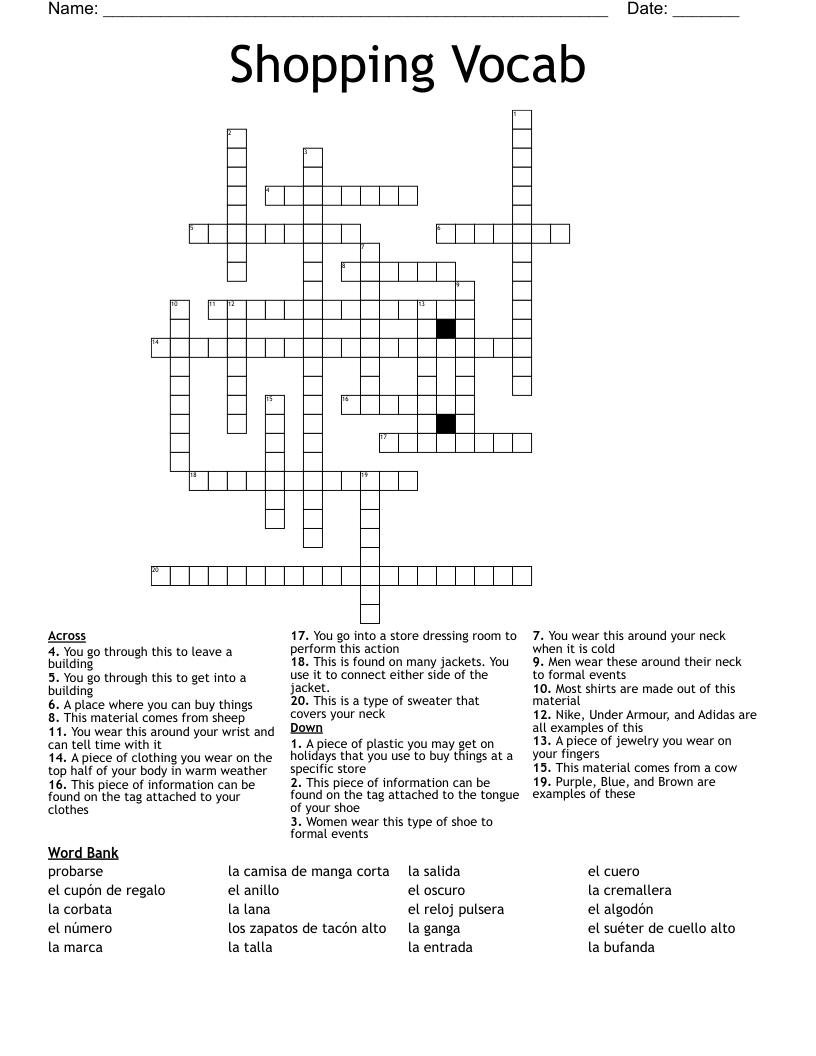 Shopping Vocab Crossword