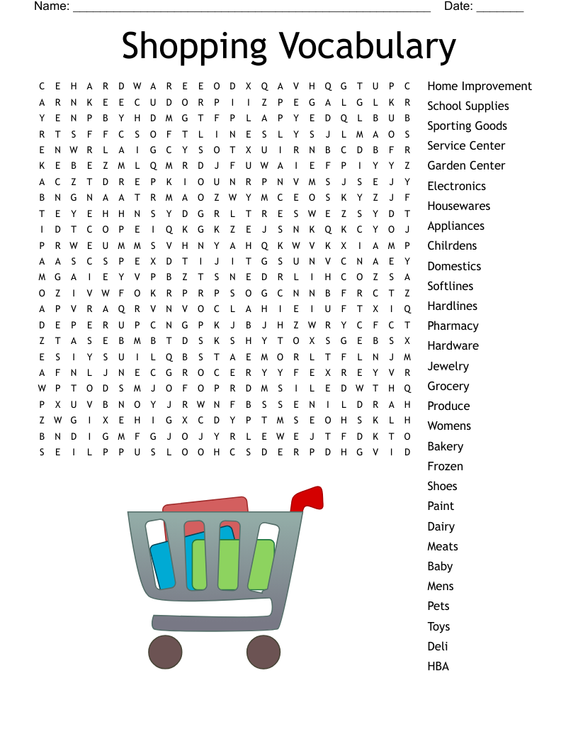 Shopping Vocabulary Word Search