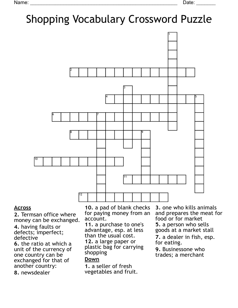 Shopping Vocabulary Crossword Puzzle 