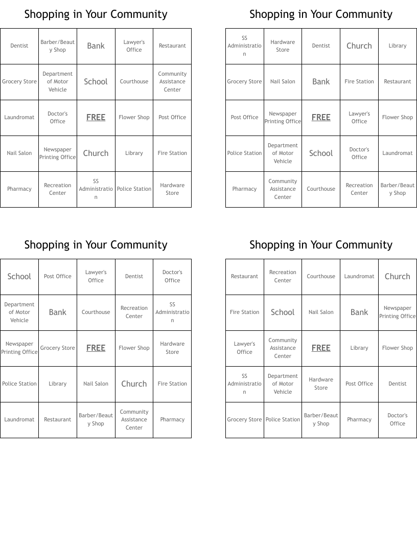 Shopping in Your Community Bingo Cards