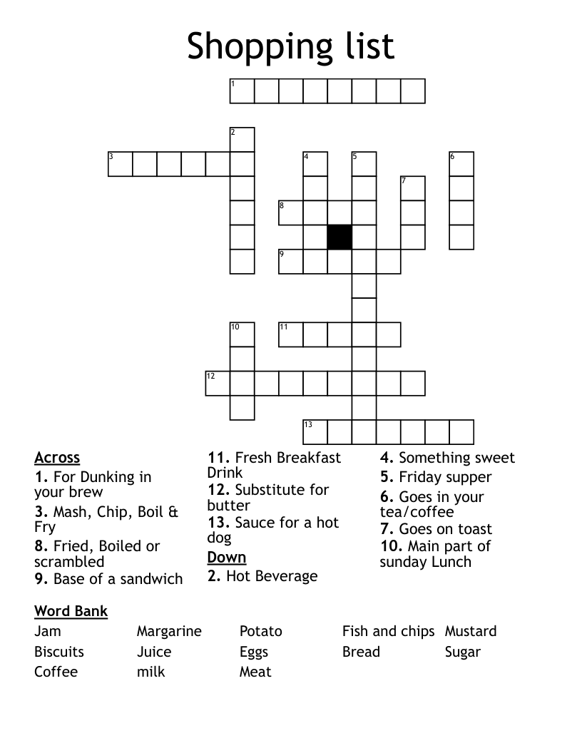 Shopping list Crossword