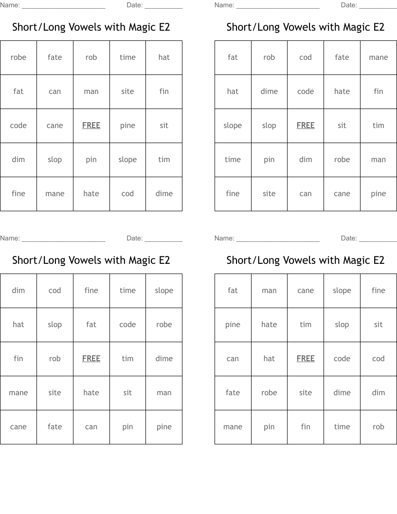 Short/Long Vowels with Magic E2 Bingo Cards