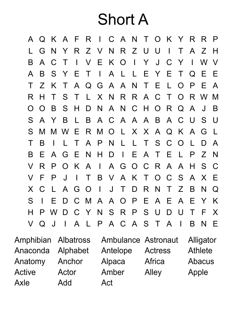 Short A Word Search