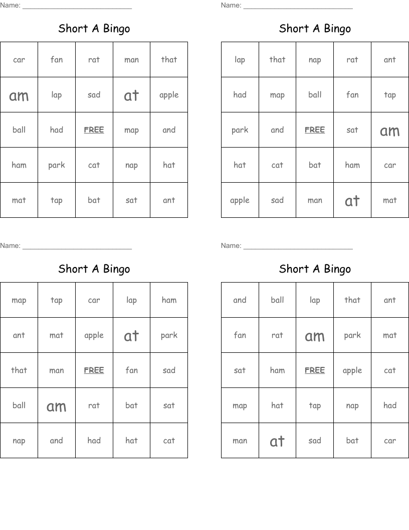 Short A Bingo