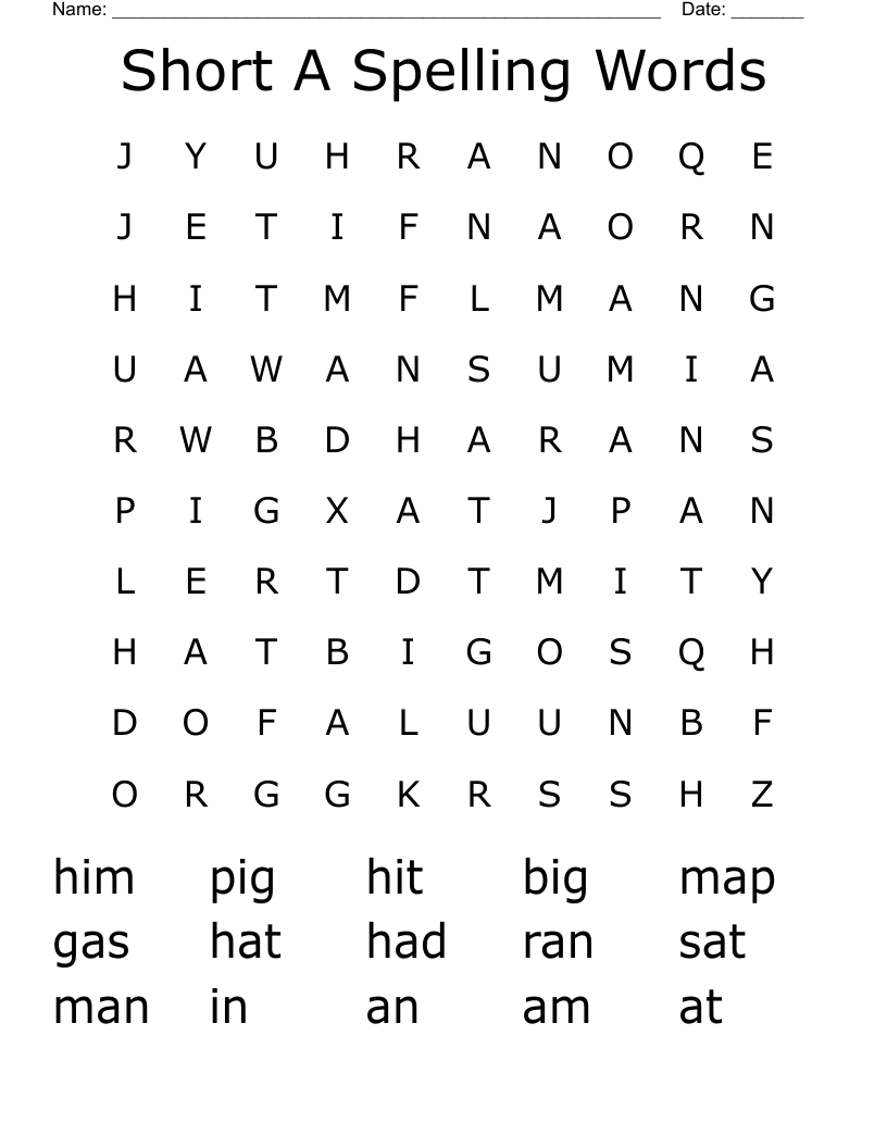 Short A Spelling Words Word Search