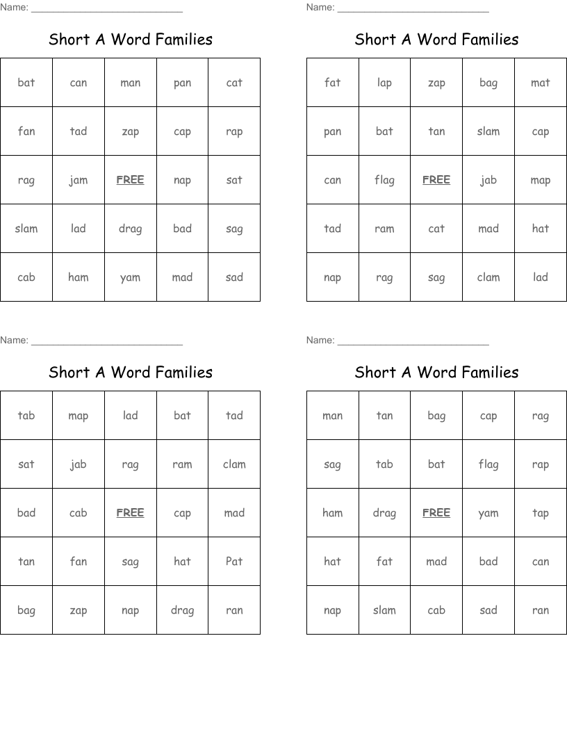 Short A Word Families Bingo Cards