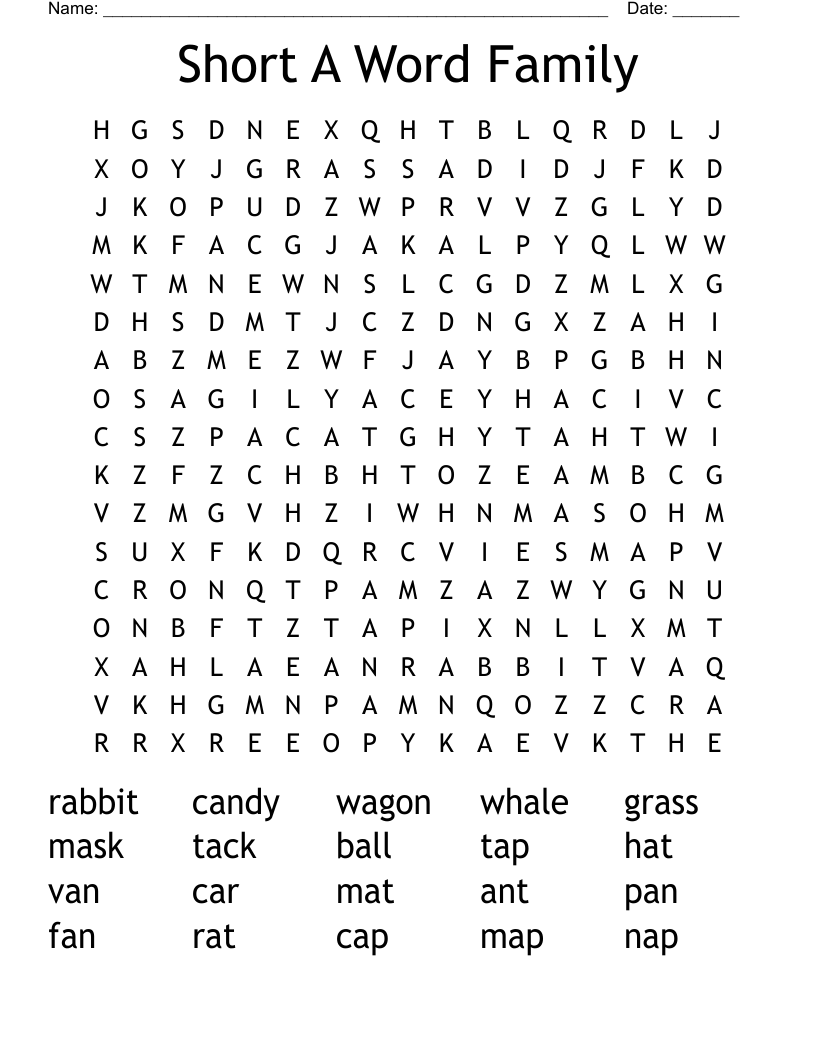 Short A Word Family Word Search