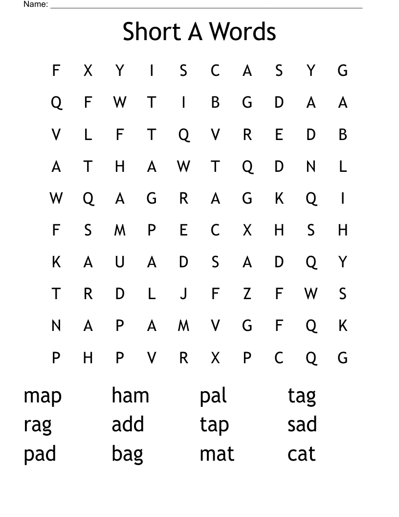 Short A Words Word Search