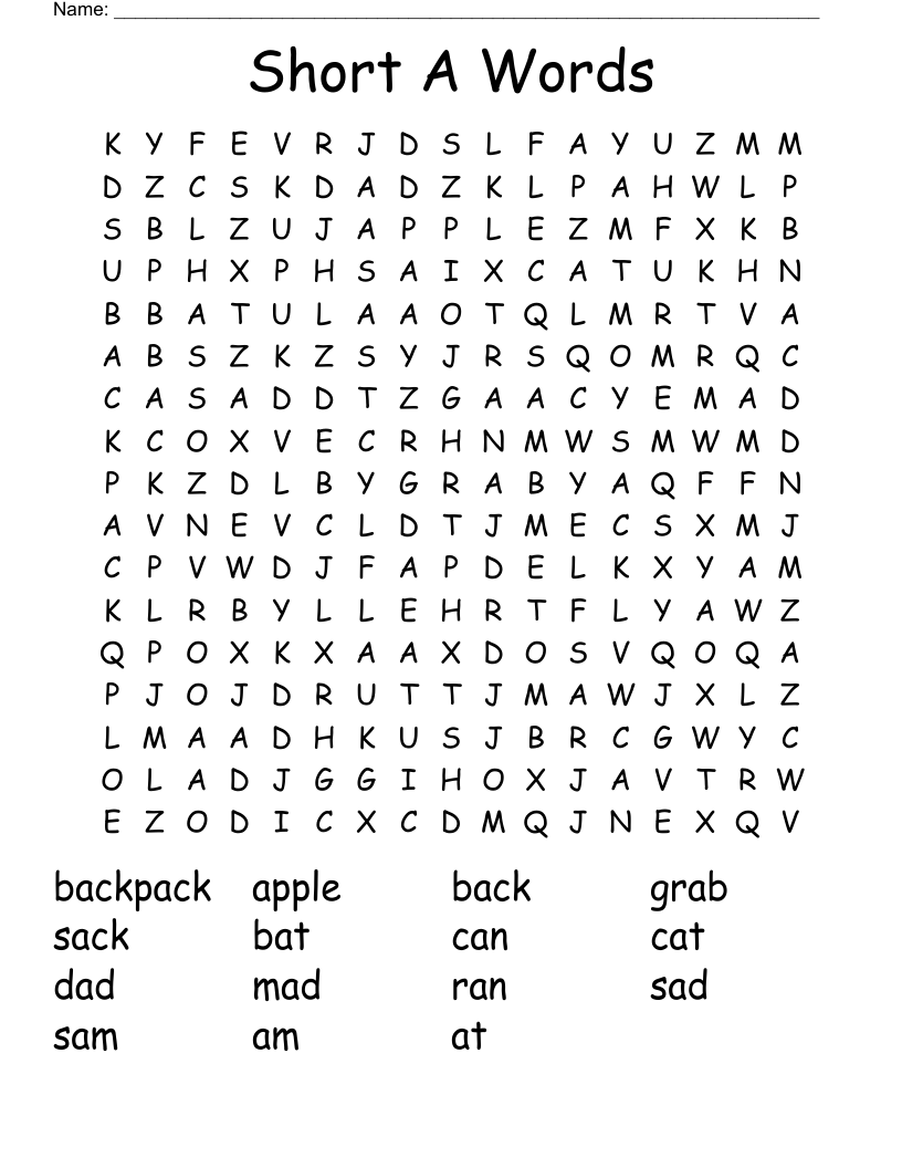 Short A Words Word Search