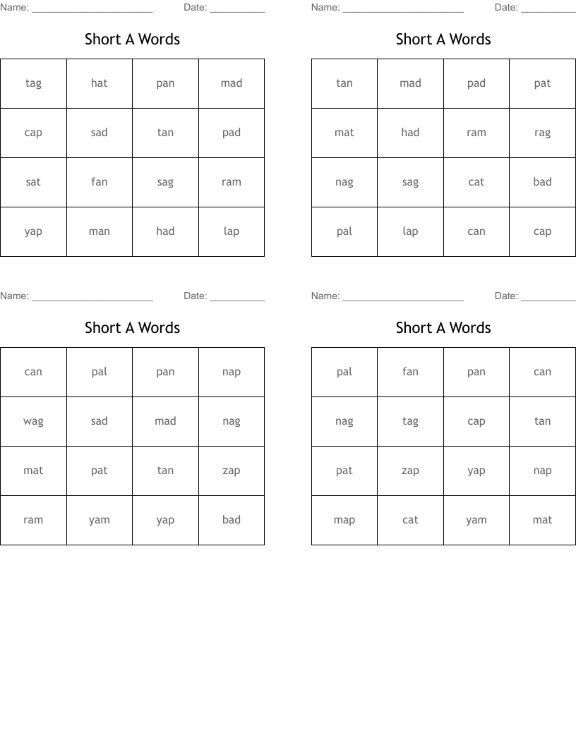 Short A Words Bingo Cards
