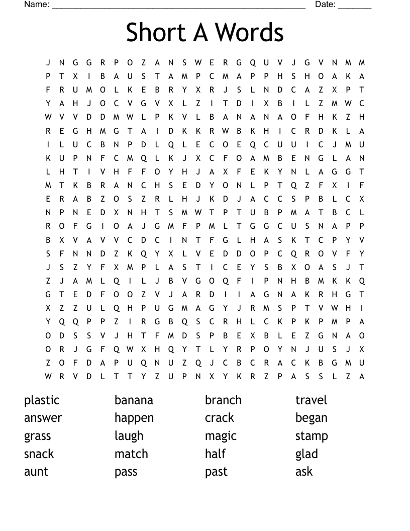 Short A Words Word Search