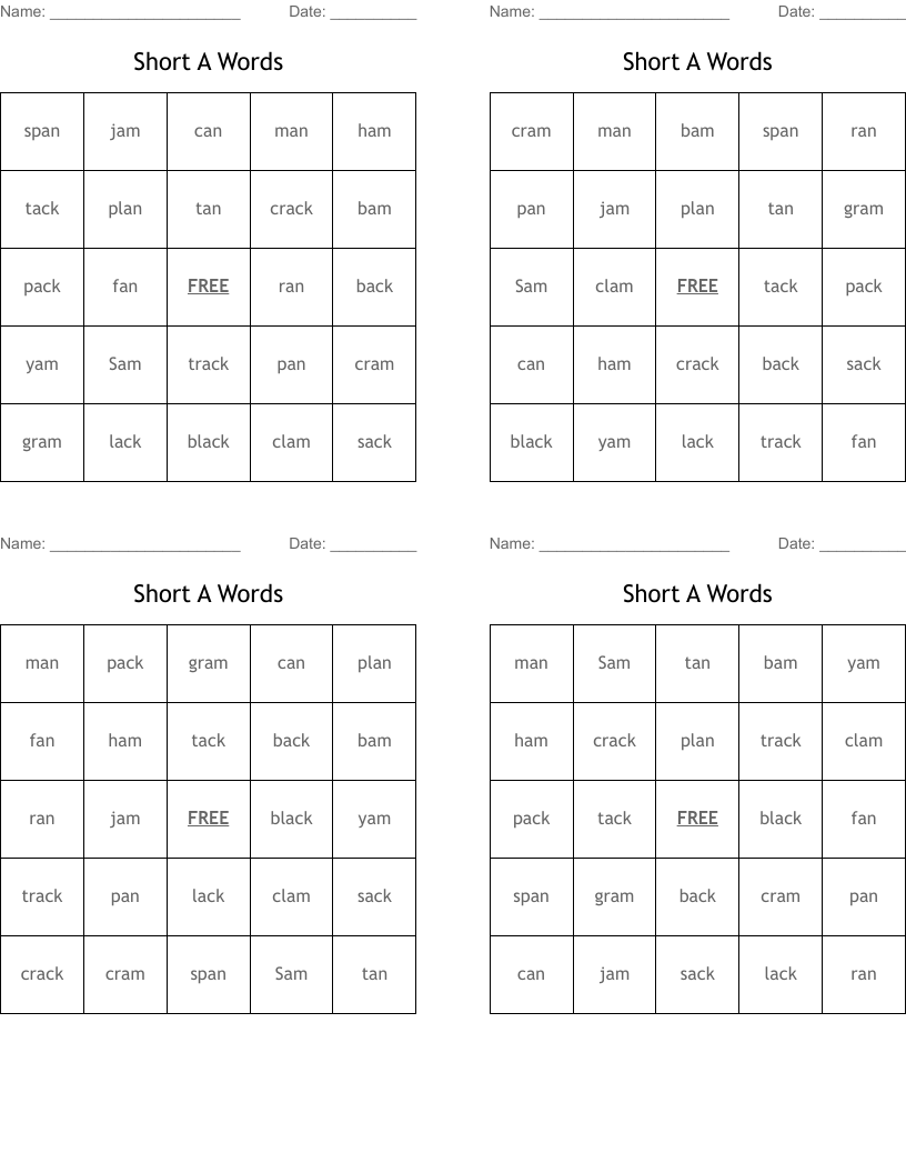 Short A Words Bingo Cards