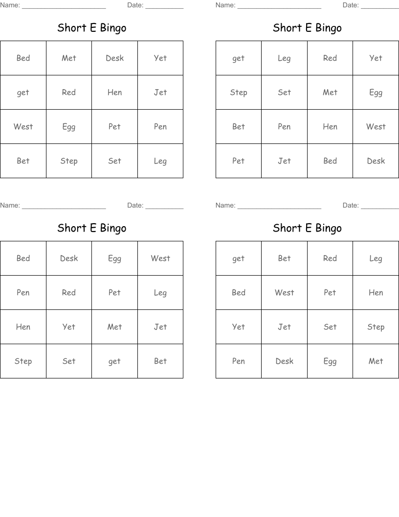 Short E Bingo