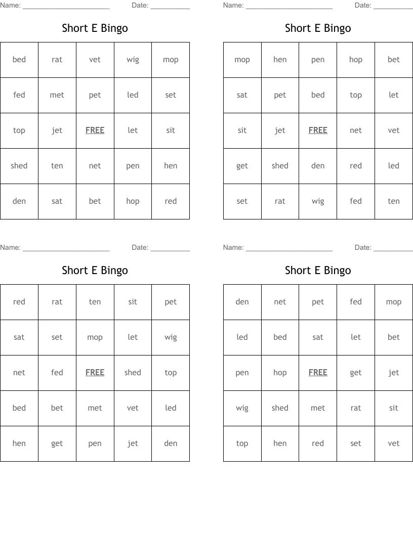 Short E Bingo