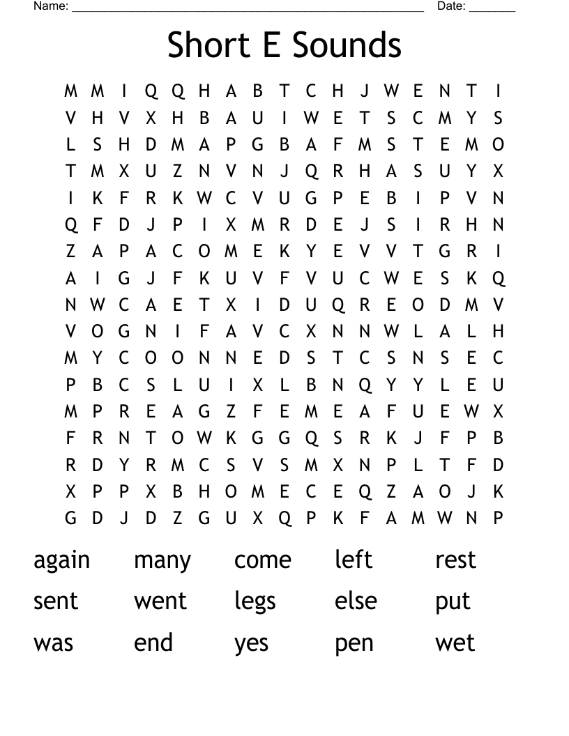 Short E Sounds Word Search