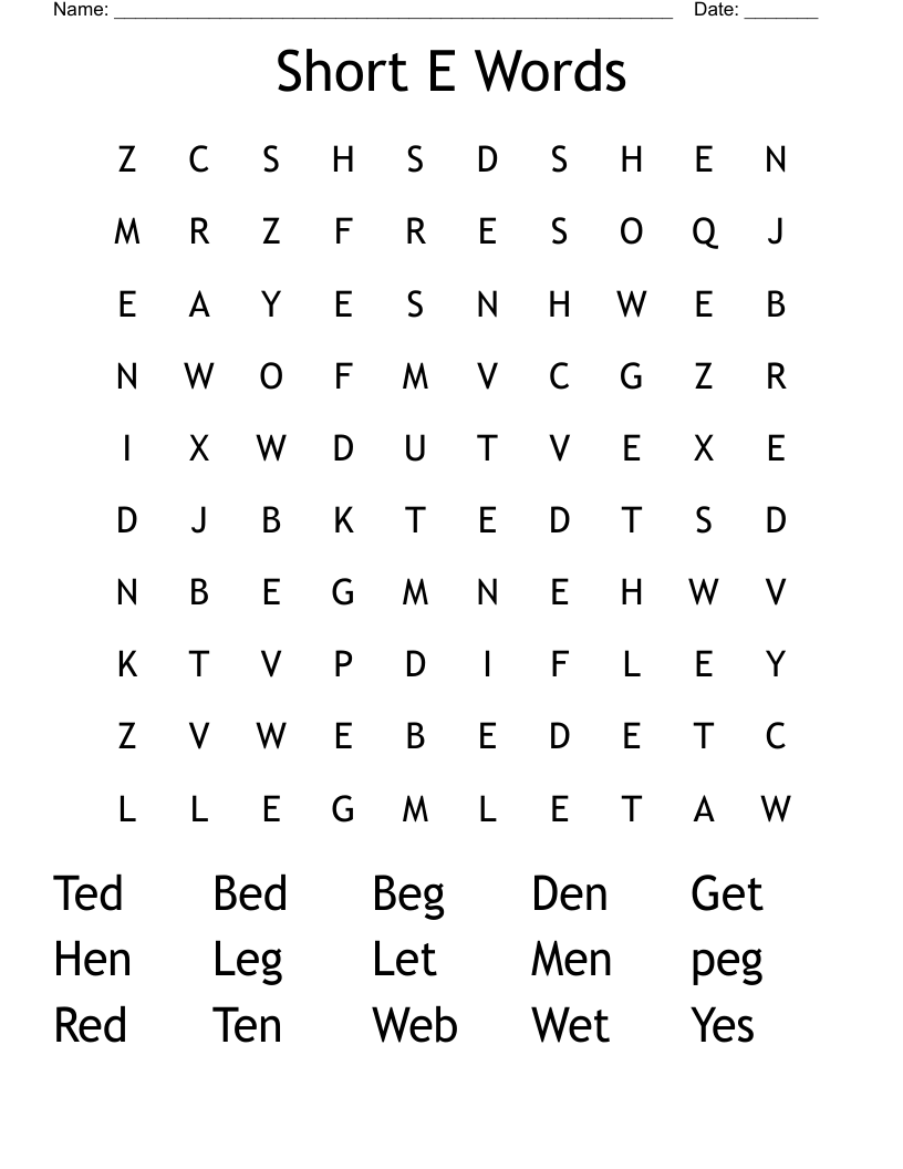 Short E Words Word Search