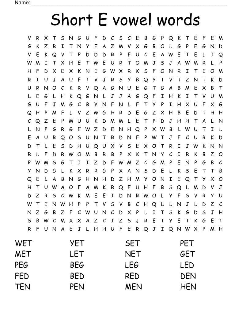 Short E vowel words Word Search