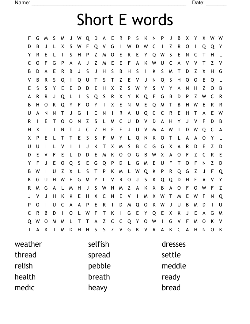 Short E words Word Search