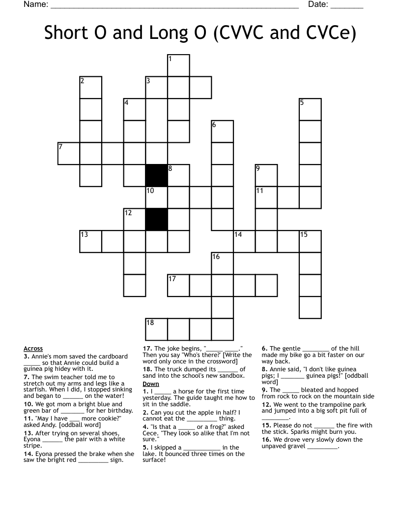 Short O and Long O (CVVC  and CVCe) Crossword