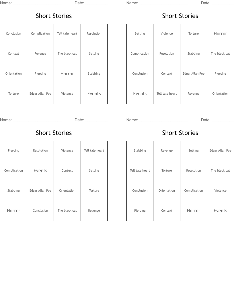 Short Stories Bingo Cards