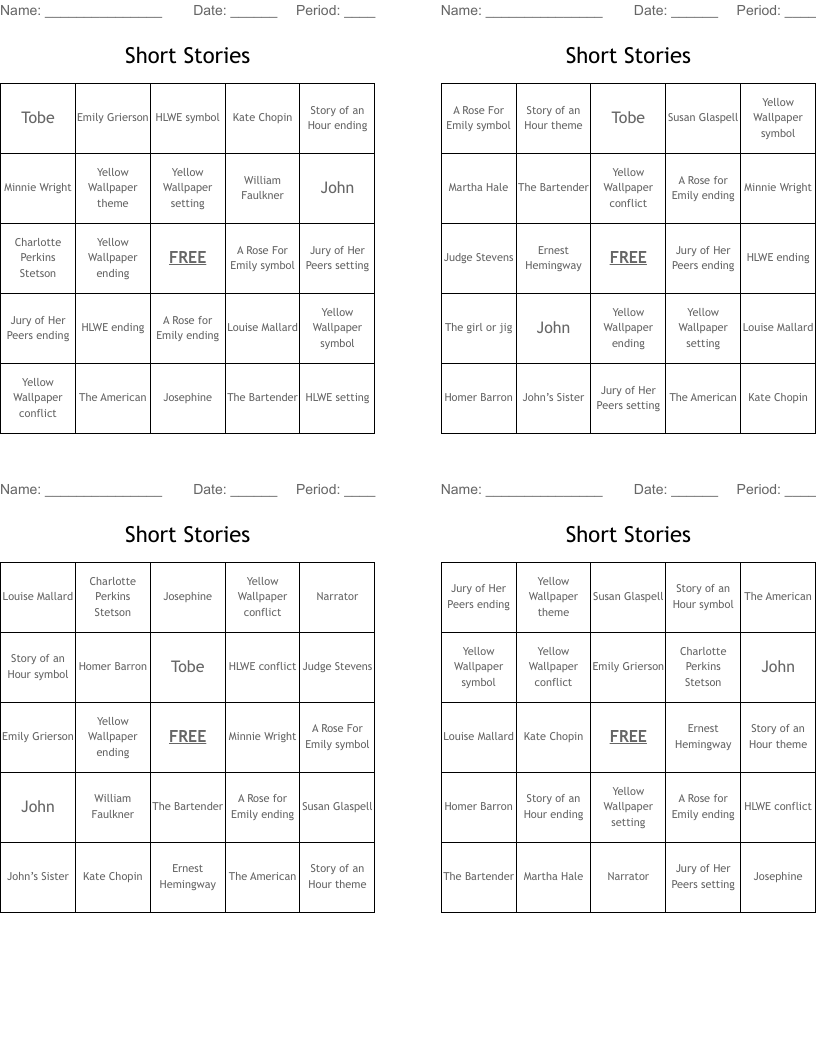 Short Stories Bingo Cards
