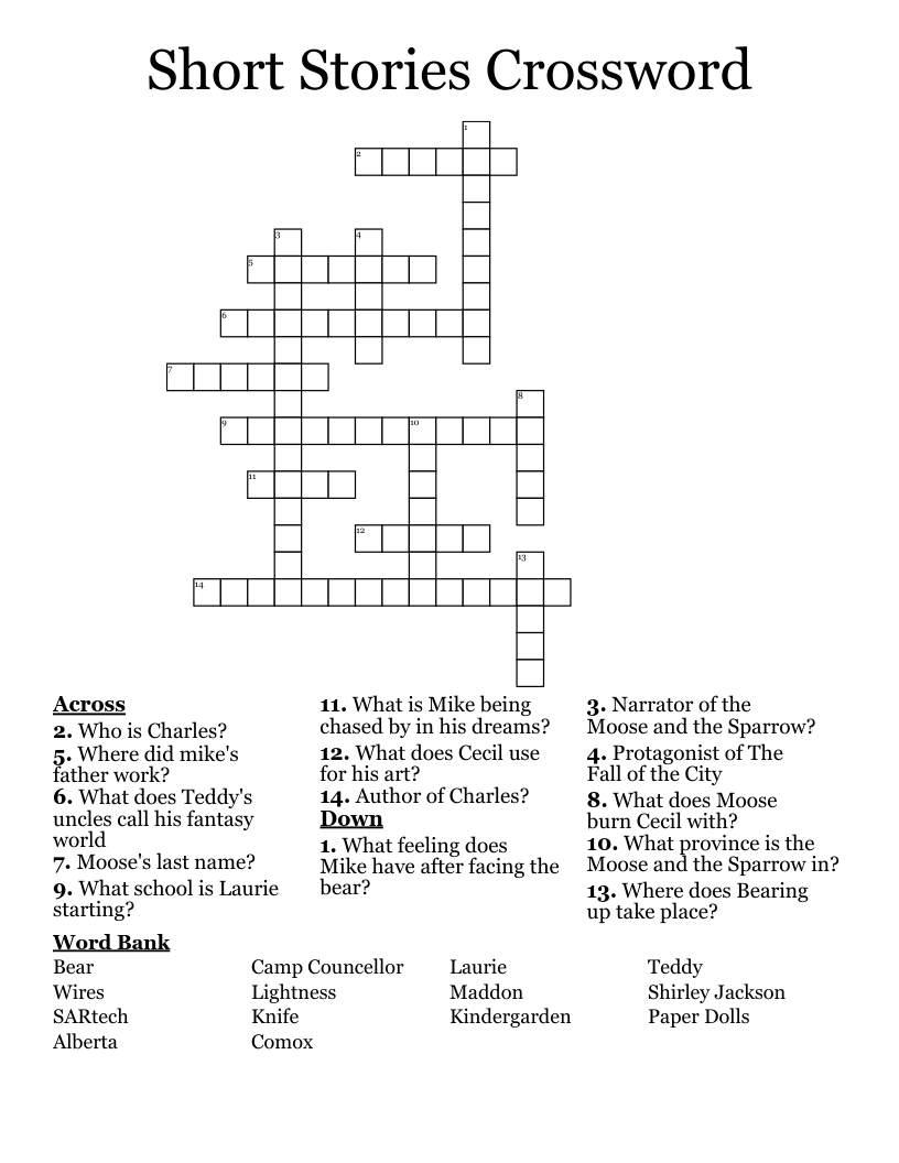 Short Stories Crossword