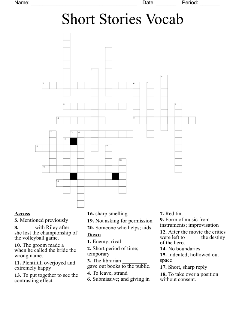 Short Stories Vocab Crossword