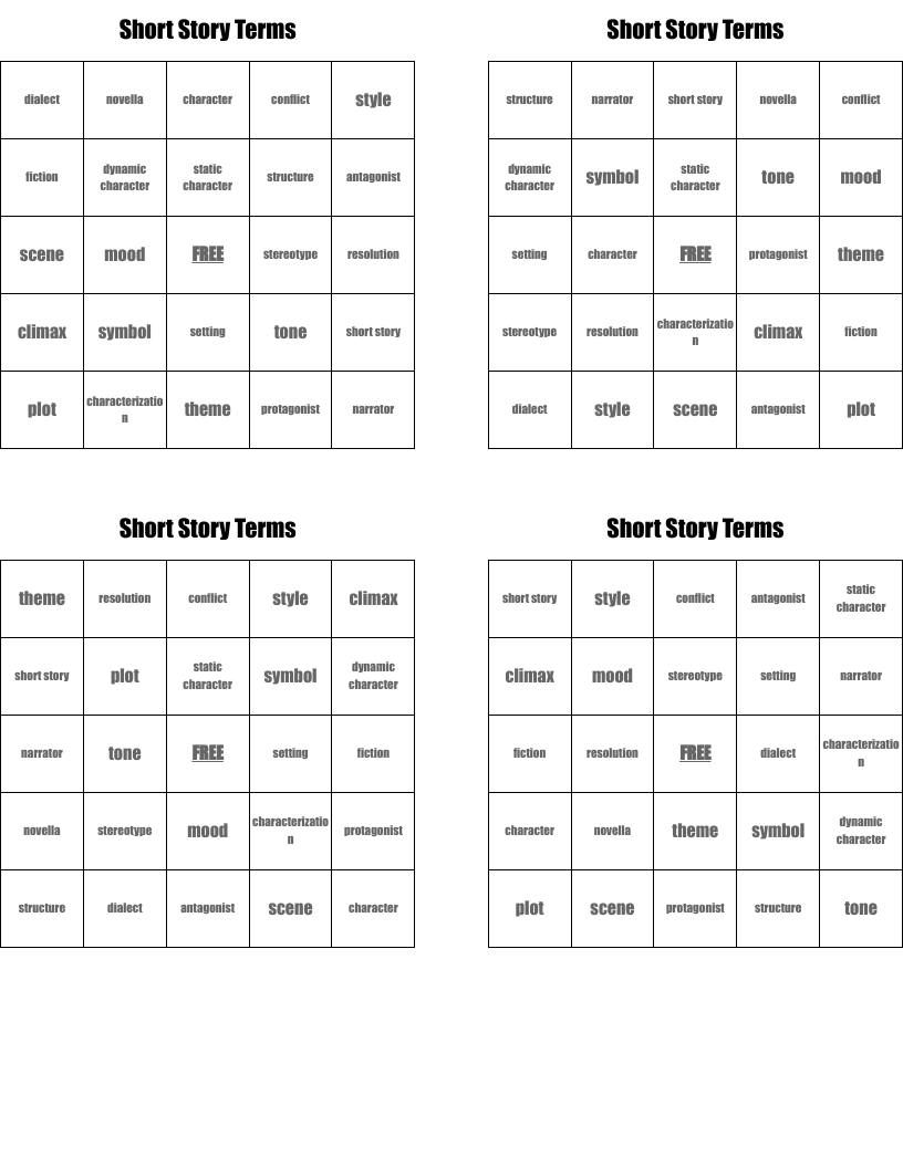 Short Story Terms Bingo Cards