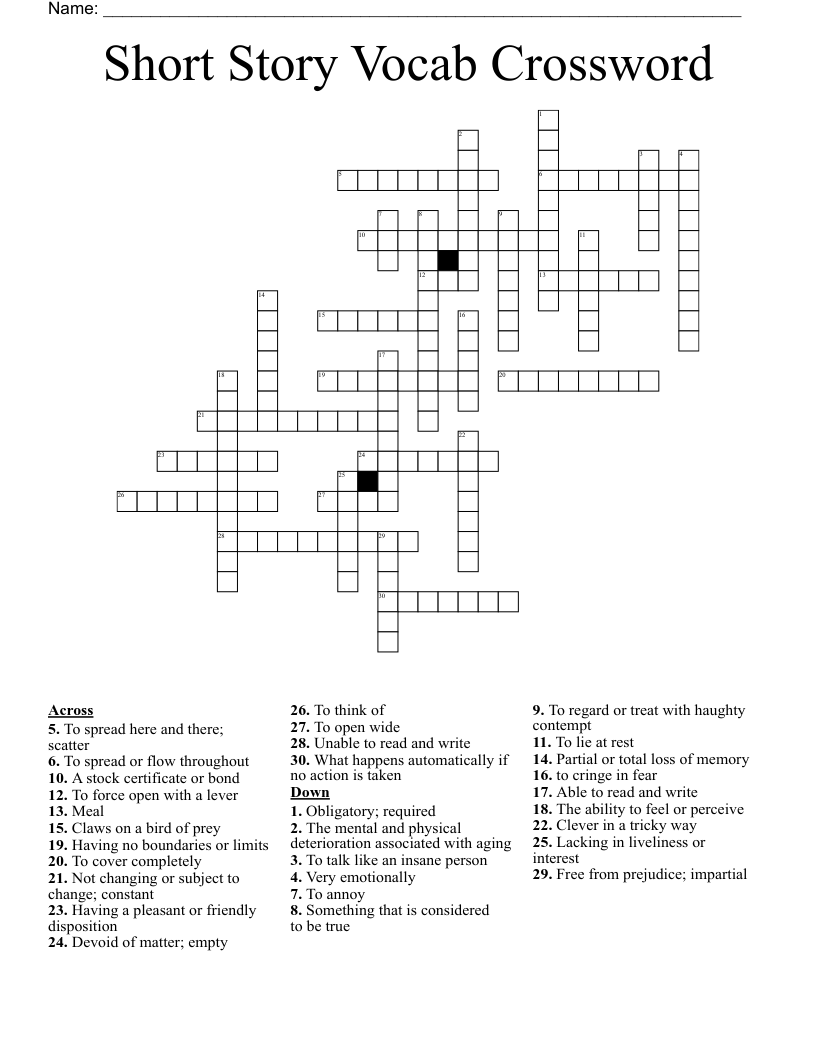 Short Story Vocab Crossword