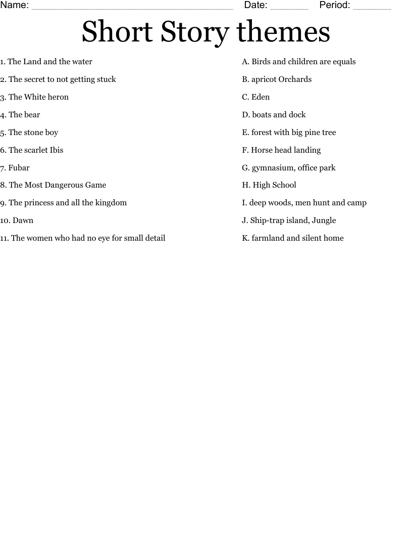 Short Story themes Worksheet