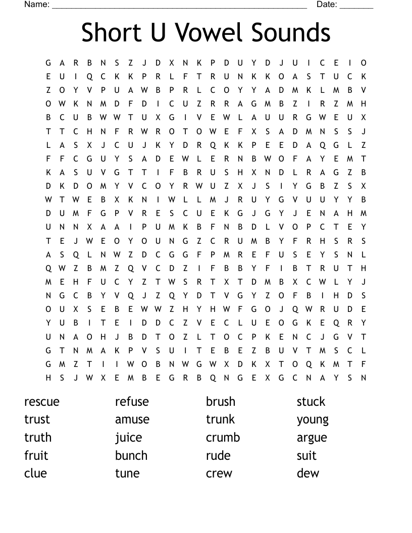 Short U Vowel Sounds Word Search