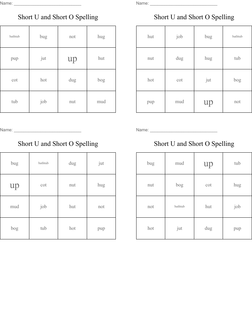 Short U and Short O Spelling Bingo Cards